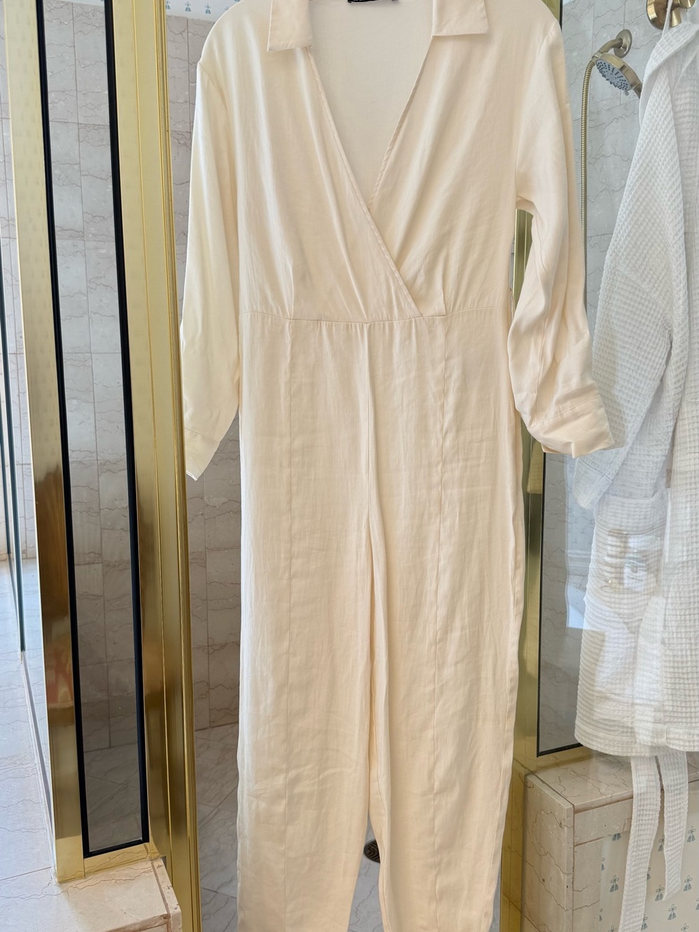 Zara Cream Long-Sleeve Wrap Jumpsuit